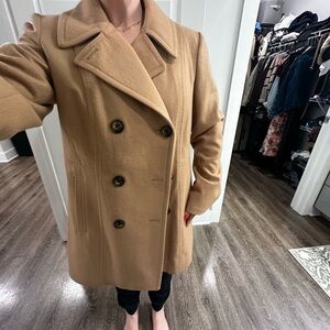 Anne Klein Camel Double-Breasted Pea Coat